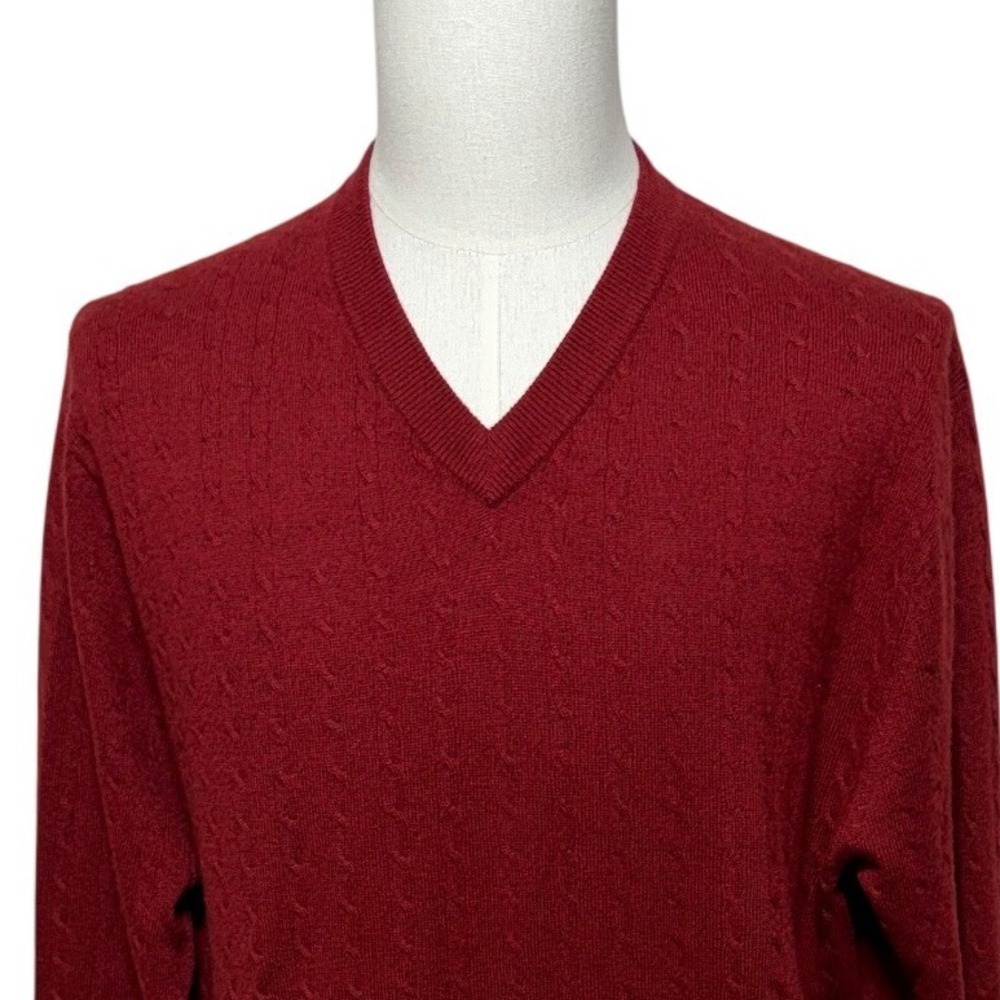 Turnbury Sweater Mens Large Red V-Neck Pullover Silk Cashmere Cable Knit